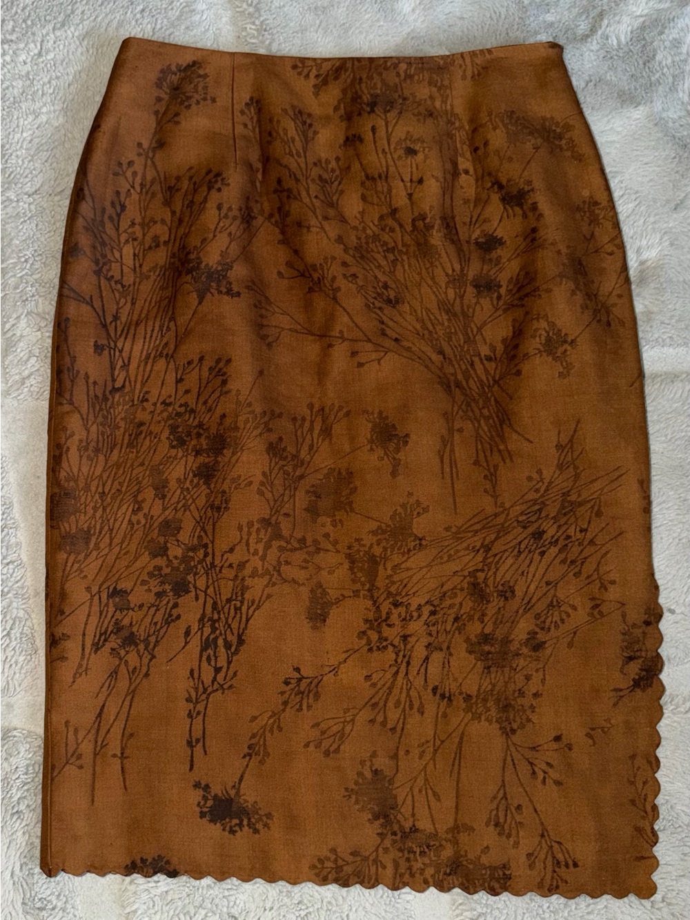 Vintage Silk Shanghai Tang Brown Scalloped Hem Botanical Midi Pencil Skirt